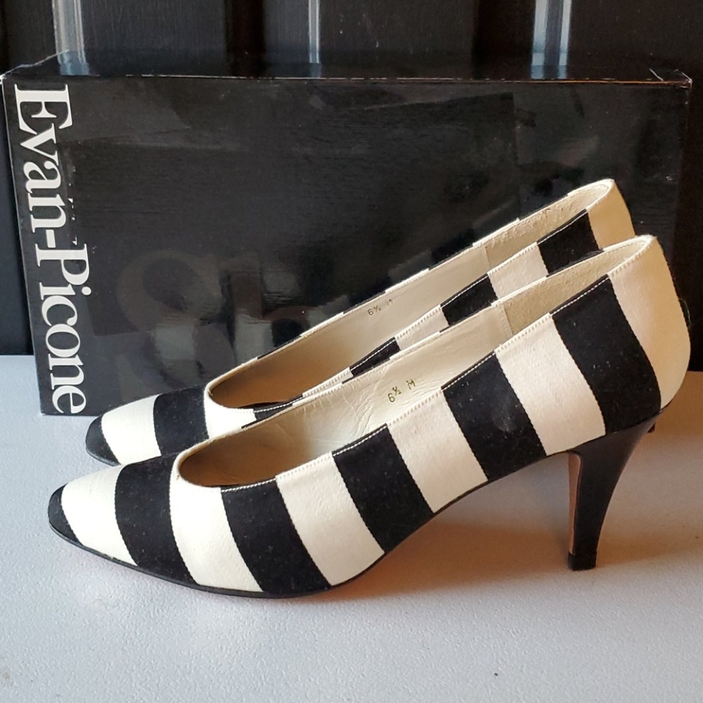 Evan-Picone Black & White Striped Heels 6.5 - Picture 5 of 9